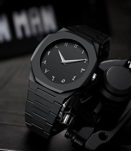 All-Black Men's Quartz Watch with Arabic Numerals